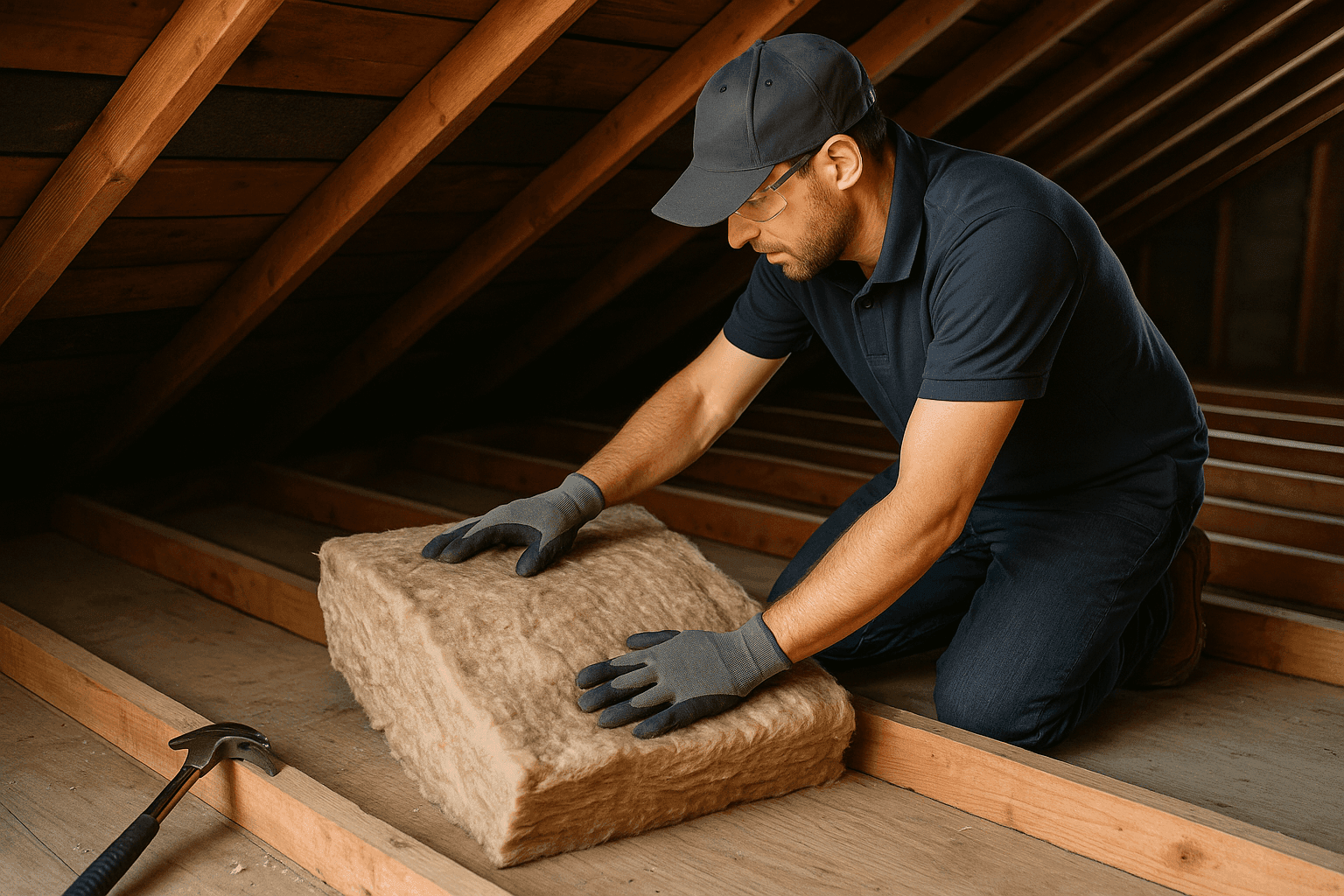 Roofer installing insulation in attic to improve energy efficiency