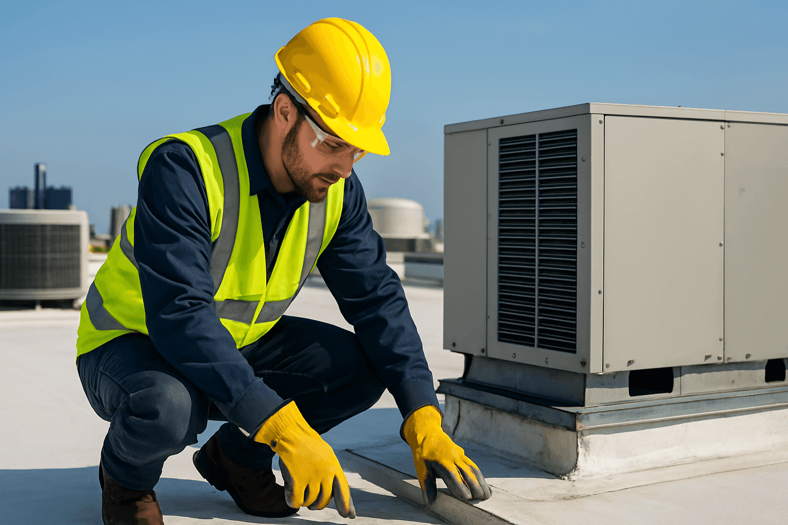 Technician inspecting flat commercial roof with HVAC units