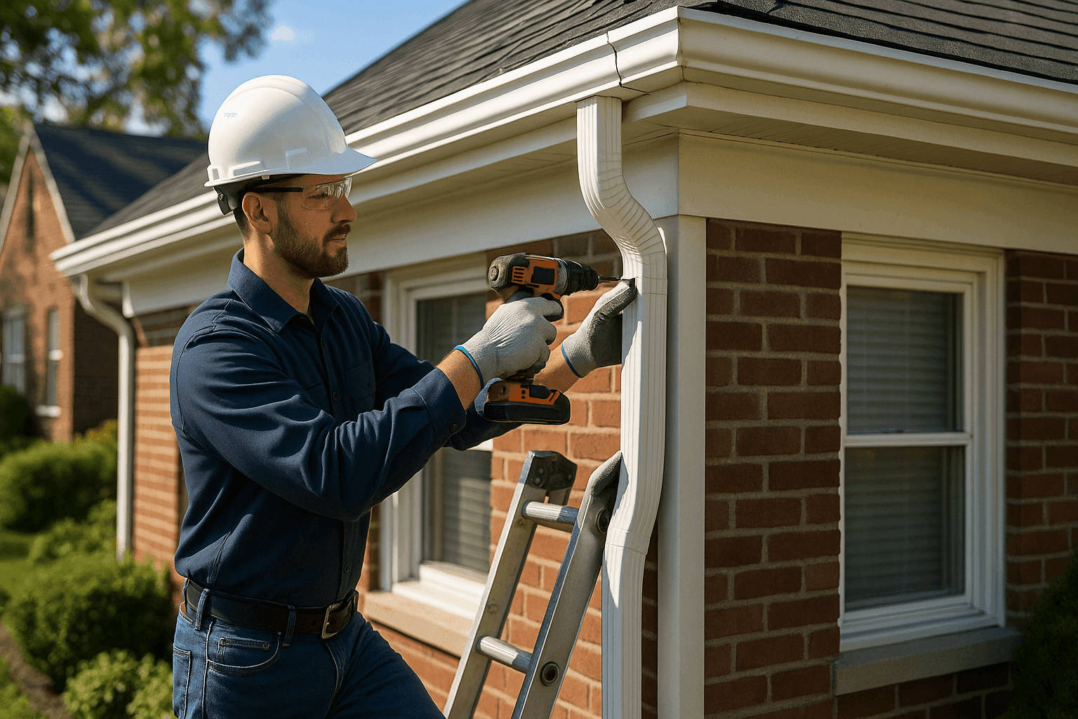 Technician installing new downspout on residential gutter