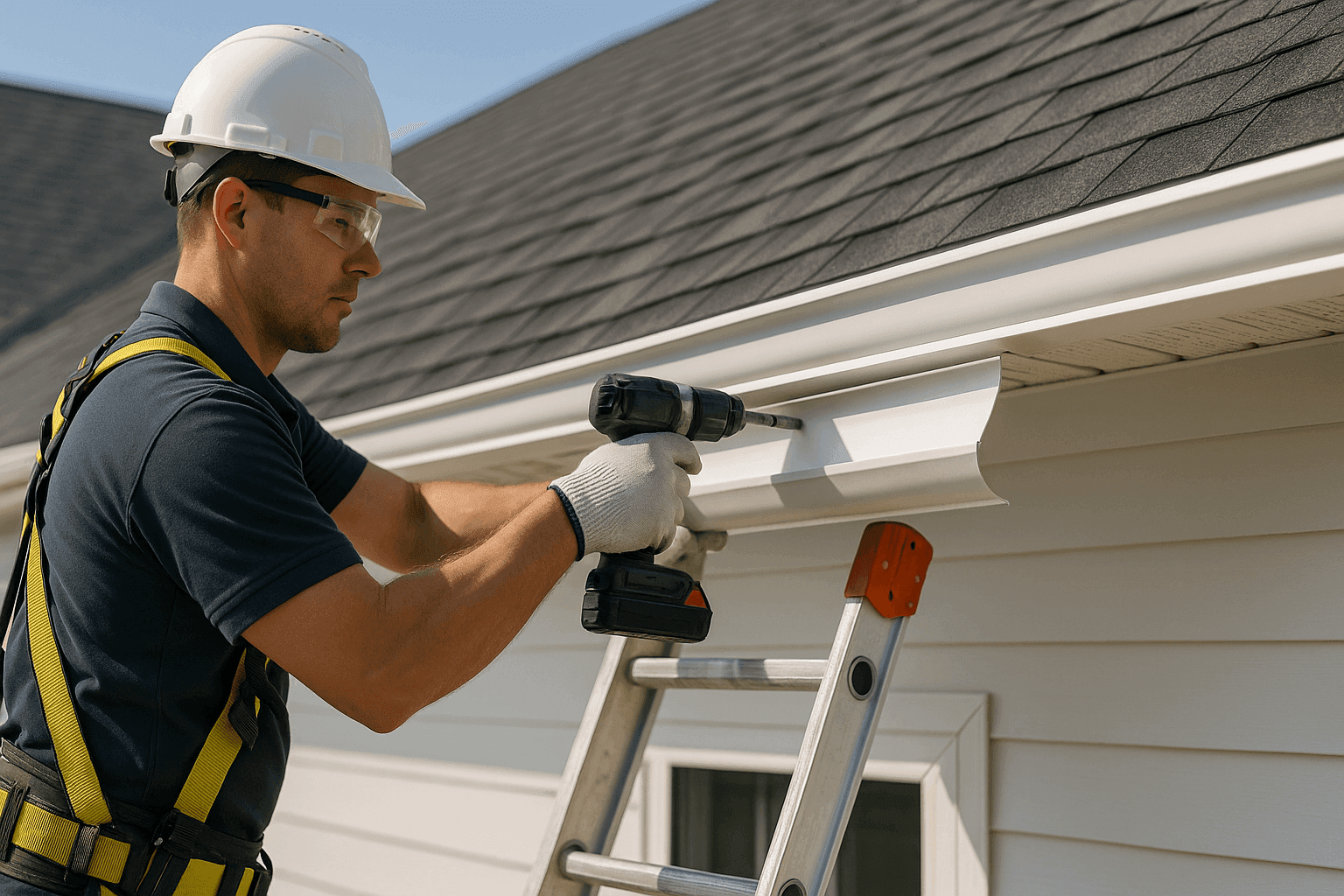 Technician installing seamless gutter on new residential roof