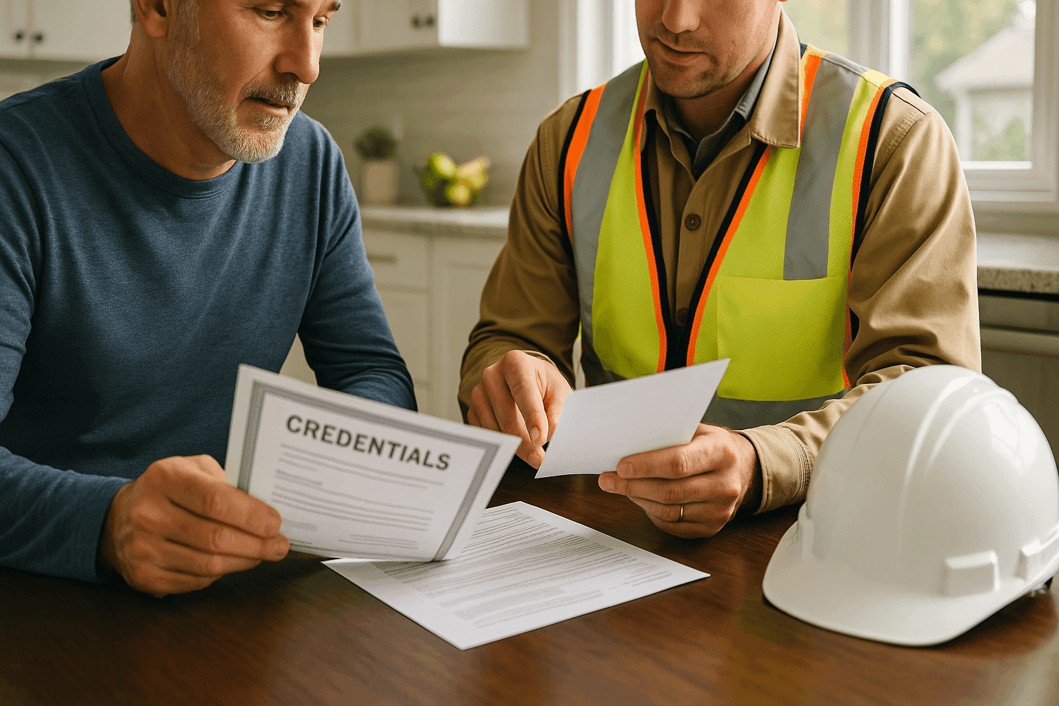 Homeowner reviewing roofing contractor credentials and paperwork