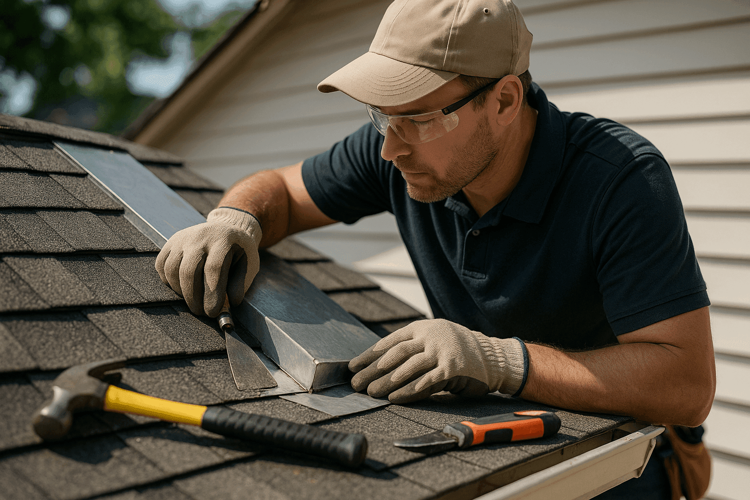 Roofing expert repairing metal roof flashing to prevent leaks