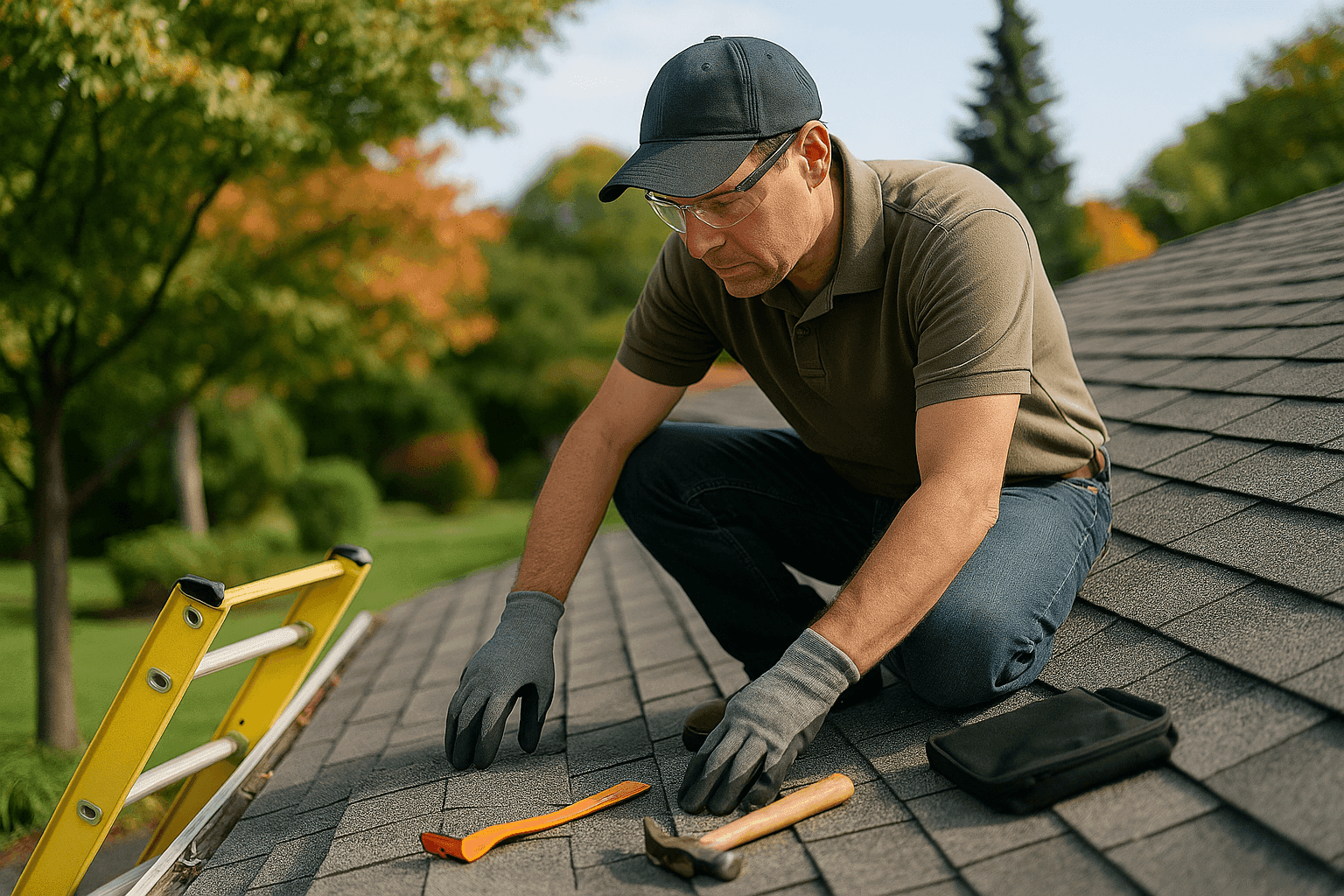 Homeowner performing roof maintenance inspection on a residential roof