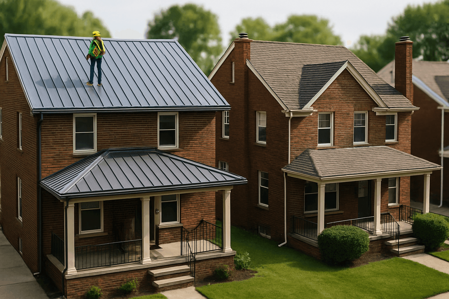 Side-by-side view of metal and shingle roofing on residential homes