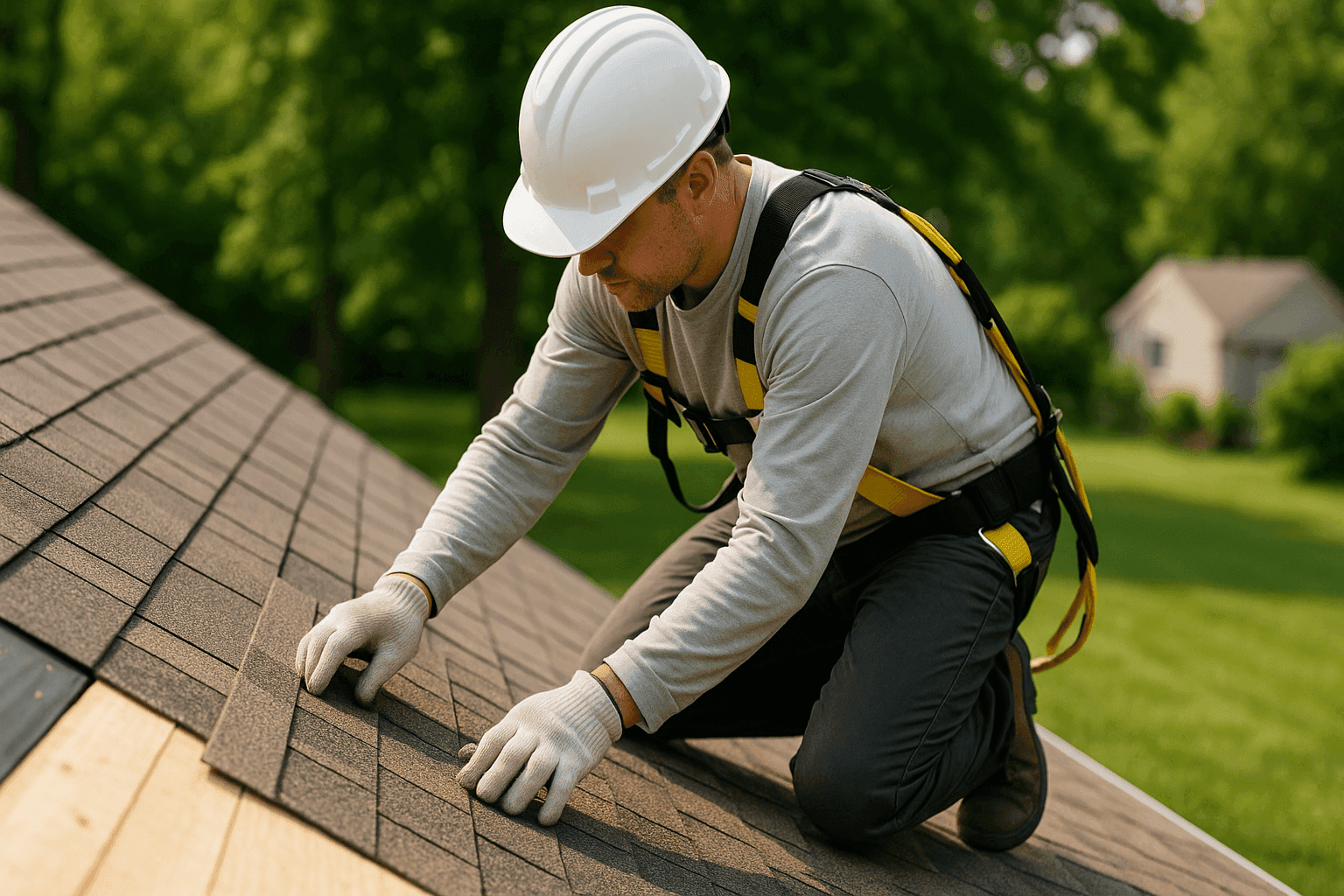 Technician installing new shingles on residential home