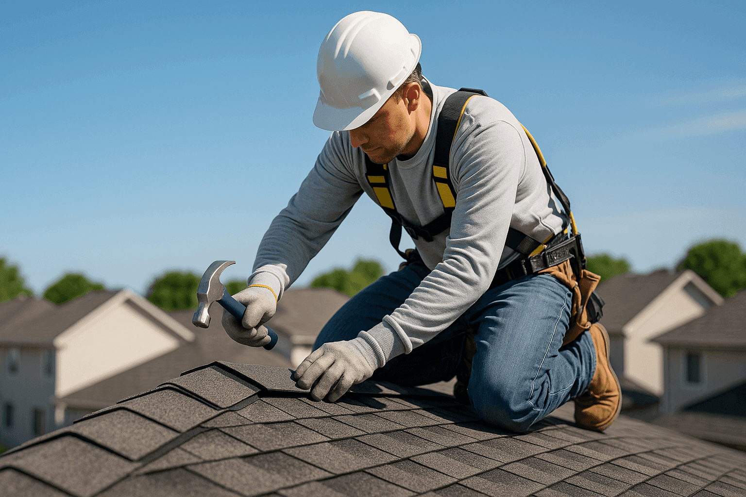 Technician installing new ridge cap on shingle roof