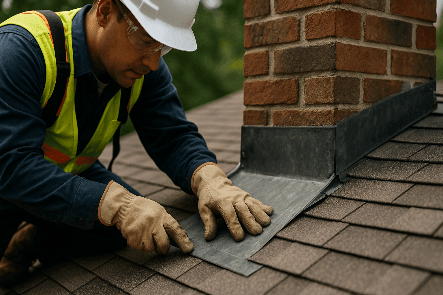 Close-up of technician repairing roof flashing near chimney