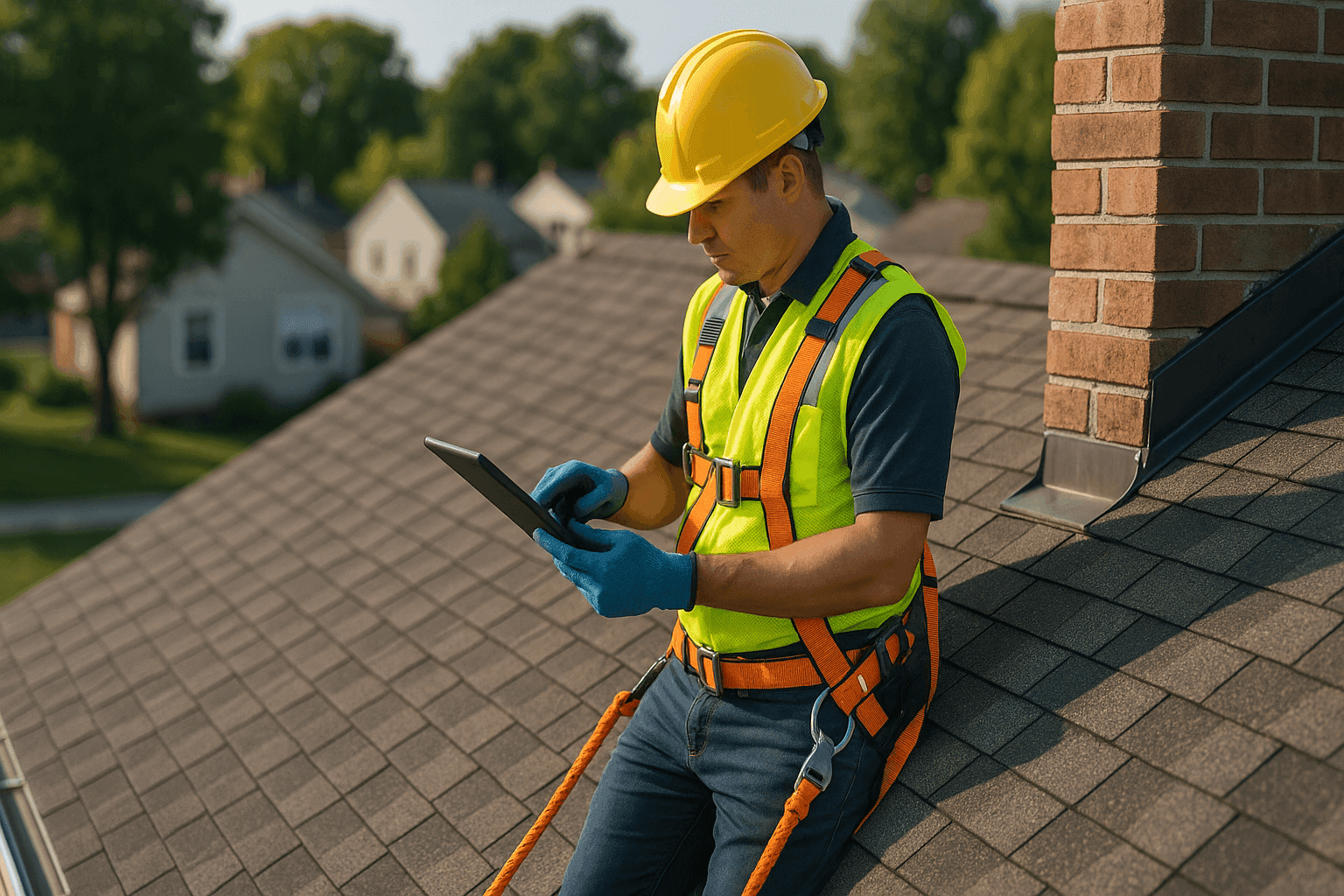 Inspector using tablet to examine residential roof