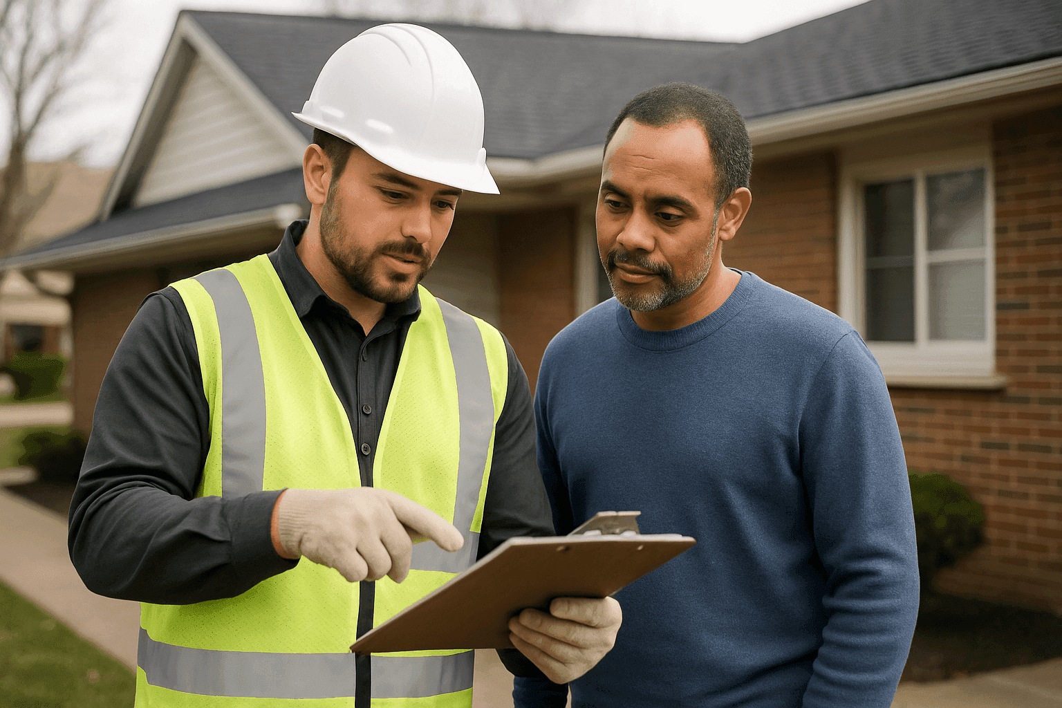 Contractor reviewing roof replacement estimate with homeowner