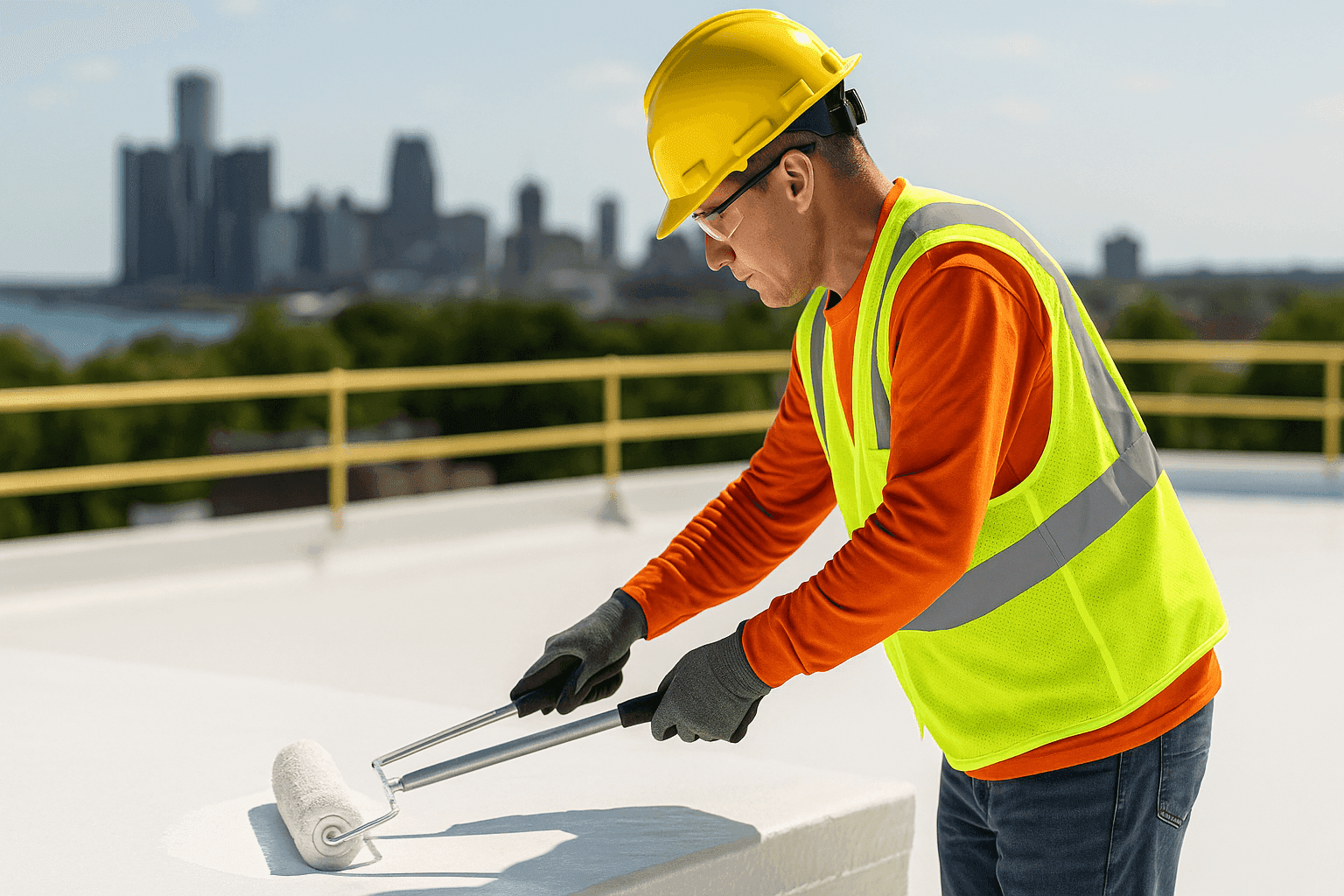 Technician applying reflective coating to flat commercial roof