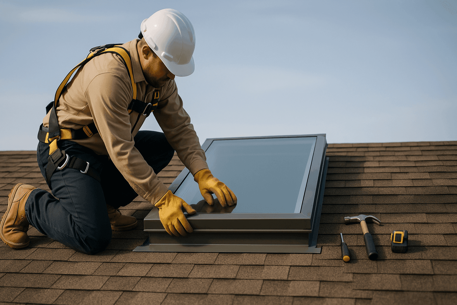 Technician installing skylight on residential roof