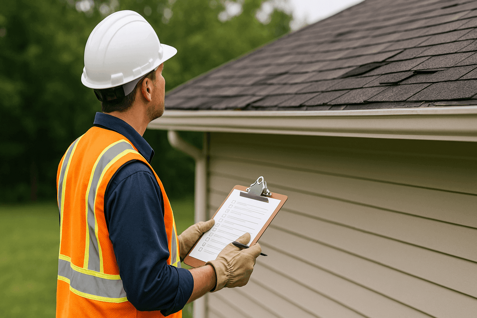 Homeowner inspecting roof for storm damage with checklist