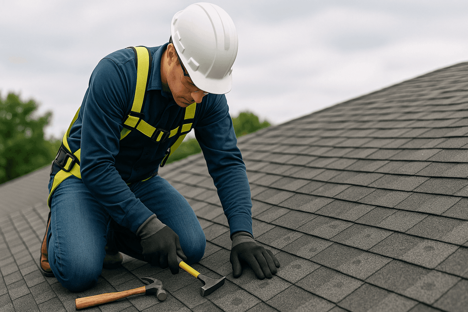 Technician repairing storm-damaged shingles after hailstorm