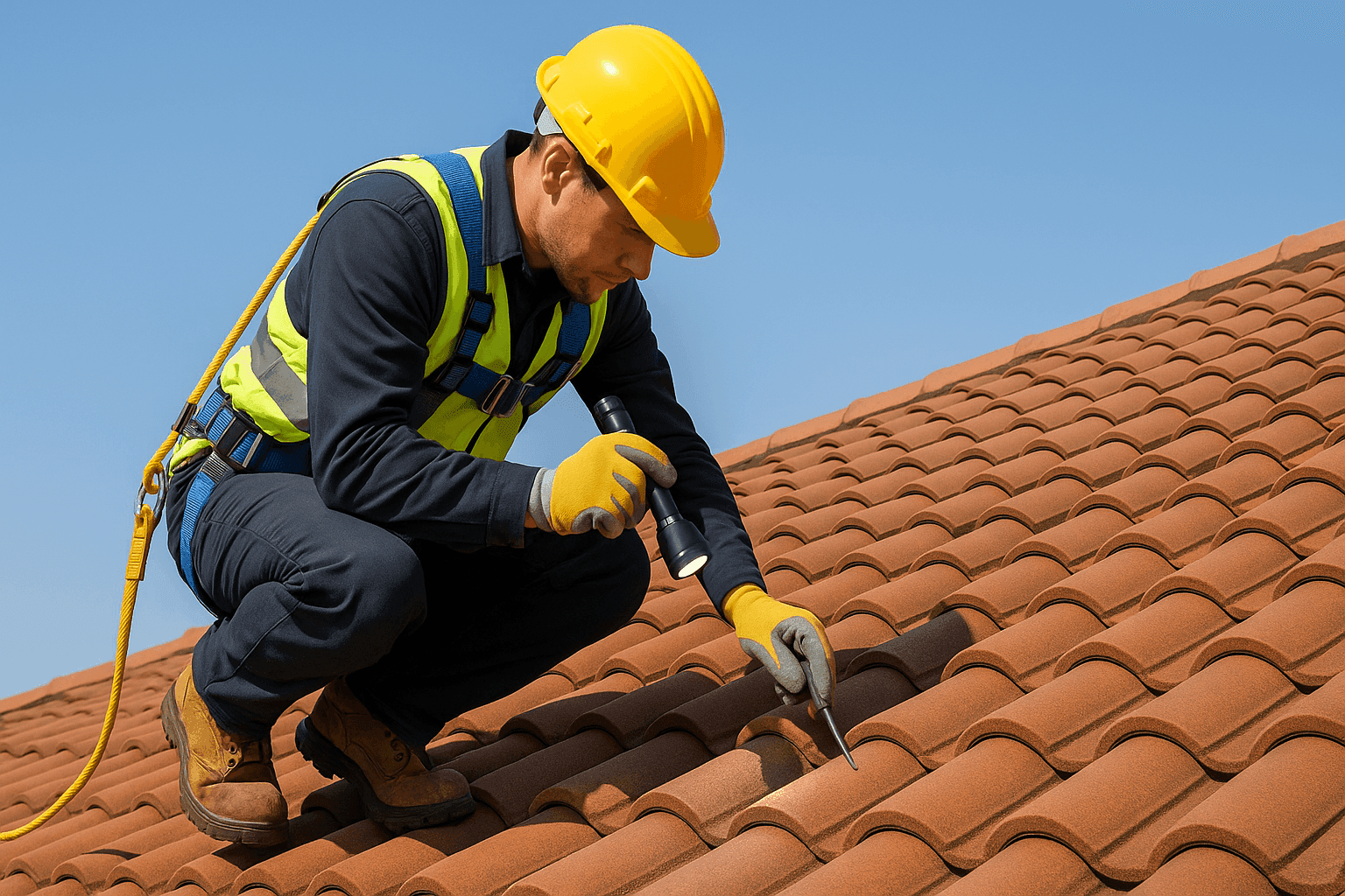 Technician inspecting clay tile roof for damage