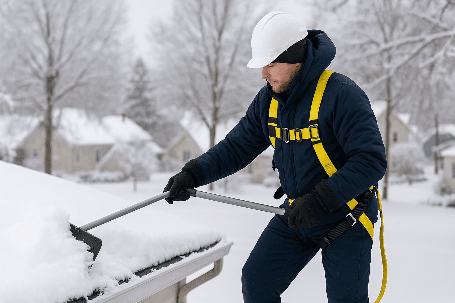 Técnico quitando nieve de un tejado residencial en invierno
